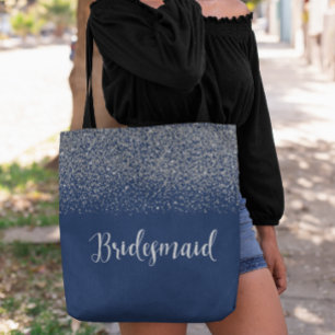 Bridesmaid Navy Blue Silver Glitter Bröllop Tygkasse