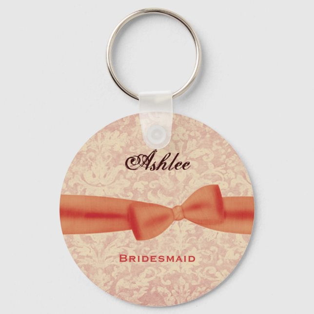 Bridesmaid Orange Bow Ecru Damask E009 Nyckelring (Framsida)