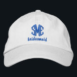 Bridesmaid Personligt bröllp Monogrammed Baseball  Broderad Keps<br><div class="desc">Överraska dina brudar med den här coolan baseball stil-sockeln som har 3 brev monogram och ord-briderna nedanför. Bilden ovan är en khaki-hatt med royalets blå text, men du kan enkelt ändra hatten och färg så att den stämmer överens med ditt bröllop-tema/färg. Det här gör en fantastisk-bachelorette-fest eller bröllopsgåva. De samordnade...</div>