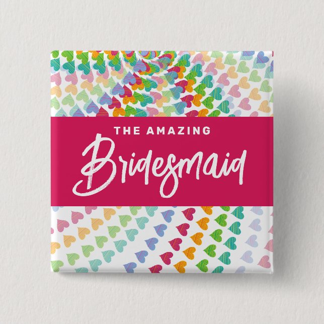 BRIDESMAID Rainbow Hearts Sprinkles Chic Bröllop Knapp (Framsida)