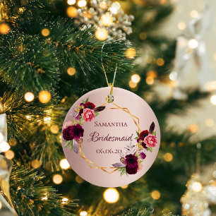 Bridesmaid ro guld blommigt burgundy namn julgransprydnad keramik