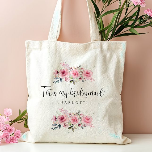 Bridesmaid Rosa Blommigt Personlig namn Tygkasse (Skapare uppladdad)
