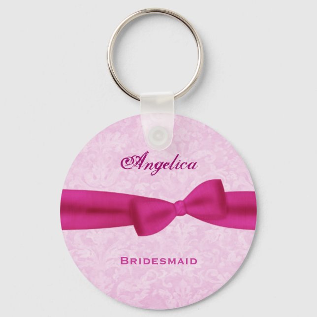 Bridesmaid Rosa Bow Rosa Damask E016 Nyckelring (Framsida)