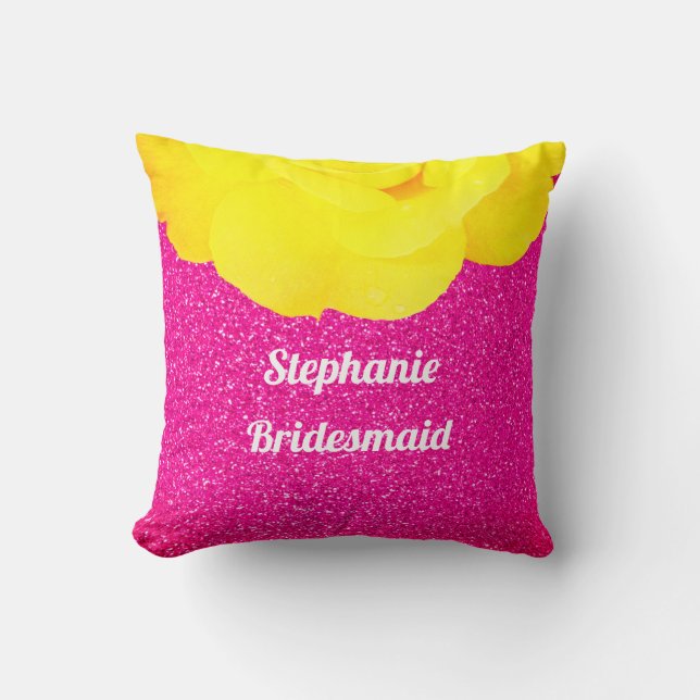 Bridesmaid Rosa Glitter Bröllop Blommigt Gul ros Kudde (Framsida)