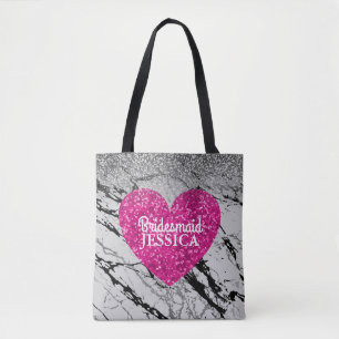 Bridesmaid Rosa Glitter Heart Black White Marble Tygkasse
