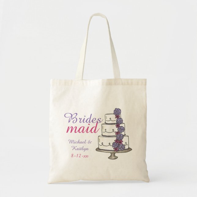 Bridesmaid Rosa Lila Blommigt Bröllop Cake Tote Tygkasse (Framsidan)