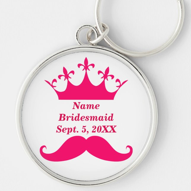 Bridesmaid Rosa Mustache och Tiara Round Keychain Rund Silverfärgad Nyckelring (Framsidan)