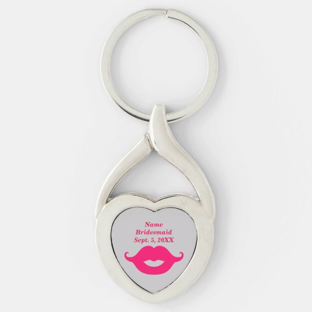 Bridesmaid Rosa Mustache Twisted Hjärtnyckelring Heart Silverfärgad Nyckelring (Framsidan)