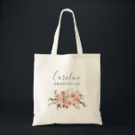 Bridesmaid  Rosa ros Greenery Bröllop Tote Tygkasse<br><div class="desc">Den här eleganten är briljan rosa ros och grönt bröllop tote-väskan perfekt för ett vår eller sommar bröllop. Den här vackra designen har handmålade vattenfärger rosa ros och dahlias, krämvattendrag och grönt löv och eukalyptus på vit bakgrund. Baksidan av tallriken har samma utformning som framsidan. (Text är mörk grönt) (Klicka...</div>