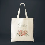 Bridesmaid  Rosa ros Greenery Bröllop Tote Tygkasse<br><div class="desc">Den här eleganten är briljan rosa ros och grönt bröllop tote-väskan perfekt för ett vår eller sommar bröllop. Den här vackra designen har handmålade vattenfärger rosa ros och dahlias, krämvattendrag och grönt löv och eukalyptus på vit bakgrund. Baksidan av tallriken har samma utformning som framsidan. (Text är mörk grönt) (Klicka...</div>