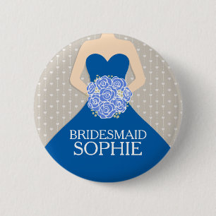 Bridesmaid royal blue dress vid namn bröllop pin knapp