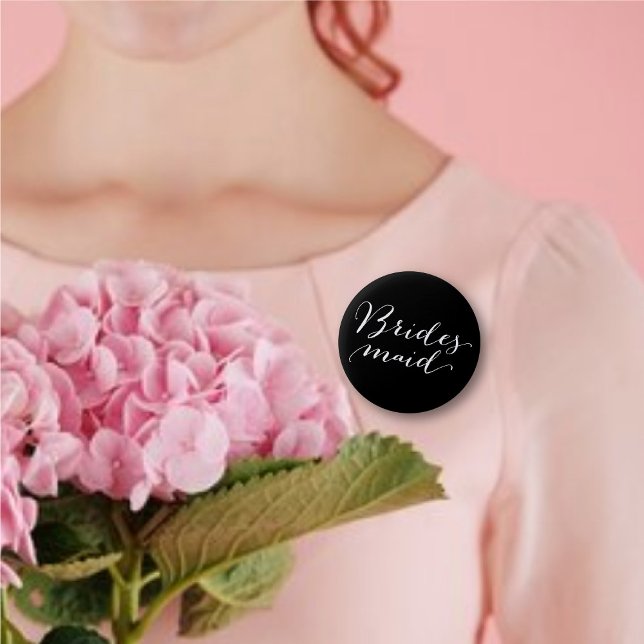 Bridesmaid Script Calligraphy Bröllop Brudens sida Knapp (BRIDESMAID Classic Script Calligraphy B&W Wedding Bridal Party Pinback Button @ fatfatin_blue_knot)