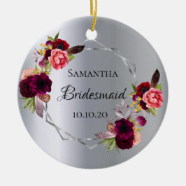 Bridesmaid silver blommigt burgundy bröllop julgransprydnad keramik