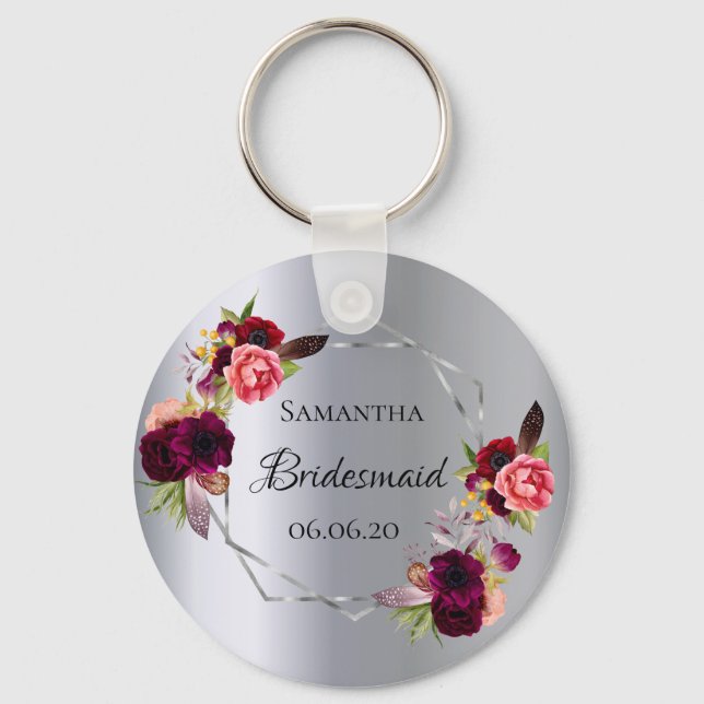 Bridesmaid silver blommigt burgundy nyckelring (Framsida)