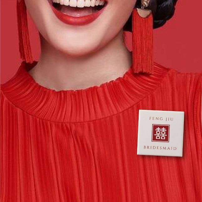 BRIDESMAID Square Dubbla Happity China Bröllop Knapp (BRIDESMAID Red/Ivory White Classic Square Double Happiness Wedding Button @ fatfatin_red_knot)