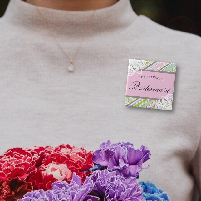 BRIDESMAID Sweet Garden Rand Bröllop Namn bricka Knapp (BRIDESMAID Sweet Garden Stripes Wedding / Bridal Party Name Tag Pinback Button @ fat_fa_tin)