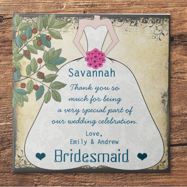 Bridesmaid Tack Tile Gown med Träd Swirls Kakelplatta (Skapare uppladdad)