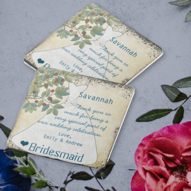 Bridesmaid Tack Tile Gown med Träd Swirls Kakelplatta (Skapare uppladdad)