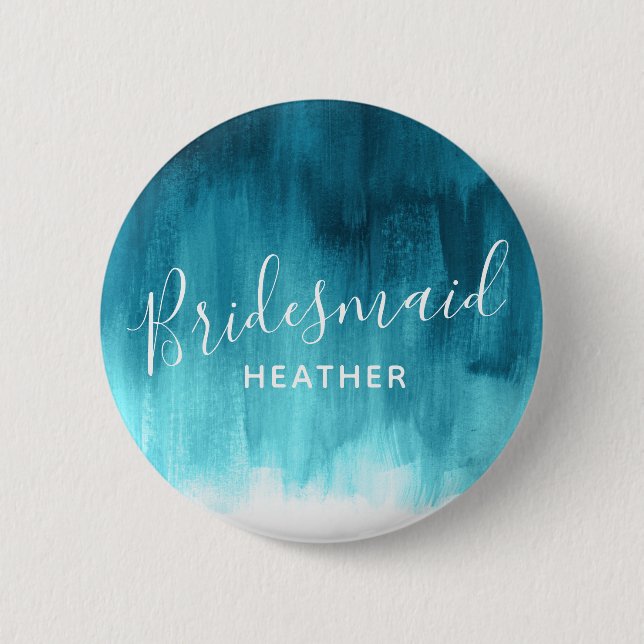 Bridesmaid teal aqua abstrakt art bröllop pin knapp (Framsida)