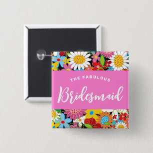 BRIDESMAID Vår blommor Garden Wedding Namn bricka Knapp