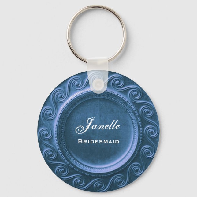 Bridesmaid Wedding Favor Blue Curlicue Ram B035 Nyckelring (Framsida)