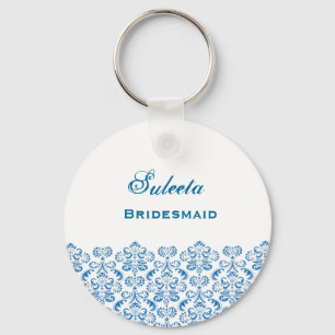 Bridesmaid Wedding Favor Blue Damask Snöre B039 Nyckelring