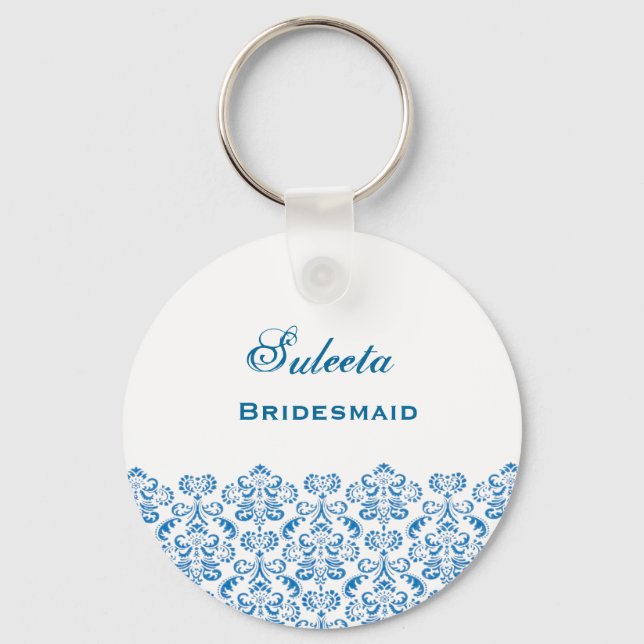 Bridesmaid Wedding Favor Blue Damask Snöre B039 Nyckelring (Framsida)