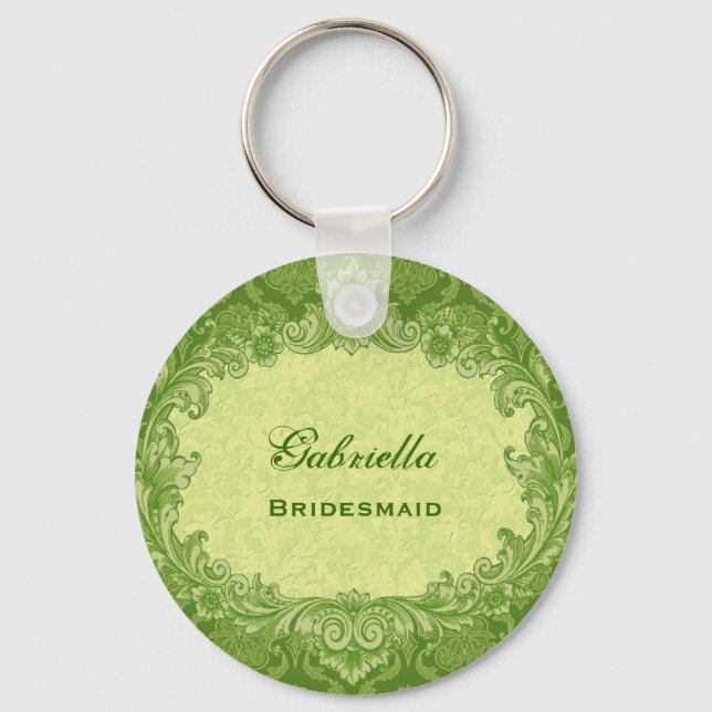Bridesmaid Wedding Favor Lime Green Damask G306 Nyckelring (Framsida)