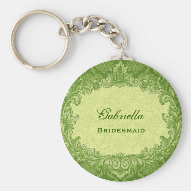 Bridesmaid Wedding Favor Lime Green Damask G306 Nyckelring (Framsidan)