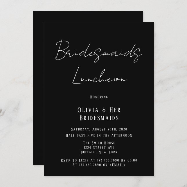 Bridesmaids Luncheon, minimalistisk Black & White  Inbjudningar (Fram/baksida)