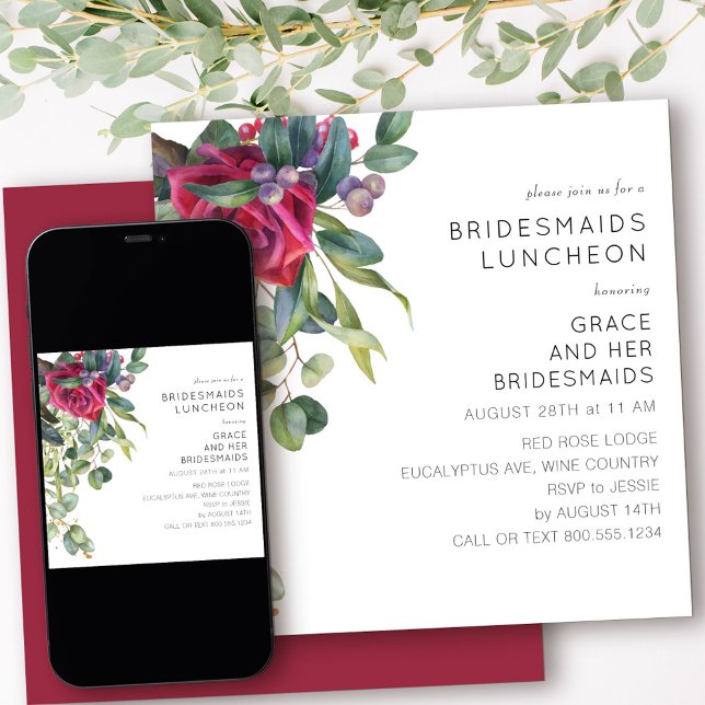 Bridesmaids Luncheon Röd ros och Eucalyptus Inbjudningar (Bridesmaids Luncheon invitation from my Red Rose and Eucalyptus collection)