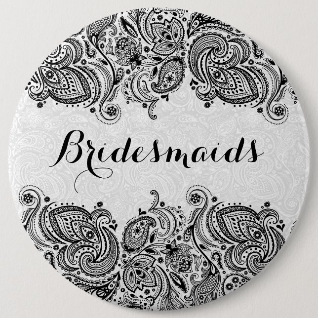 BridesMaids White & Black Paisley Snöre Knapp (Framsida)