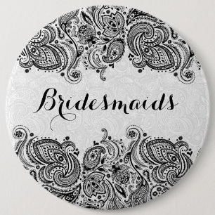 BridesMaids White & Black Paisley Snöre Knapp