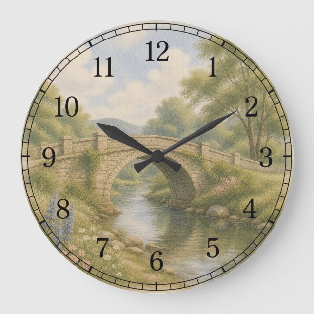Bridge & River Wall Clock — Scenic Landscape Desig Stor Klocka (Framsida)