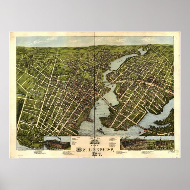 Bridgeport Connecticut 1875 Antique Panoramic Kart Poster (Framsidan)