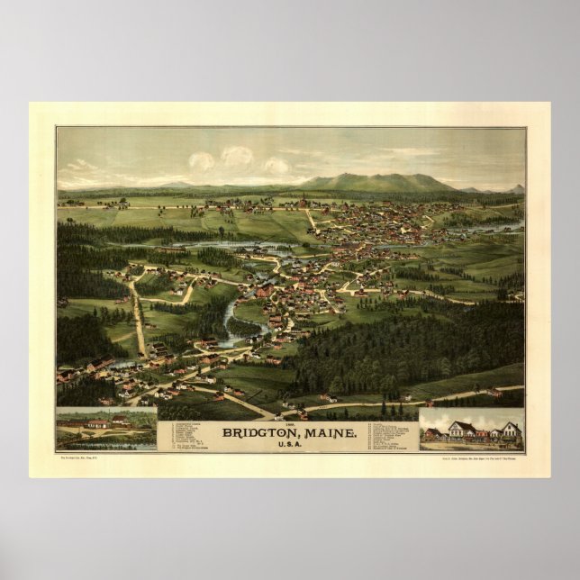 Bridgeton Maine 1888 Antique Panoramic Karta Poster (Framsidan)