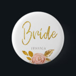 Bridknapp ro Guld Blommigt Glitter Knapp<br><div class="desc">Knappen glitter pinback Bride i ro blommigt är underbar för bachelorette Party eller möhippa. Bride-brickan kan lätt vara personlig med briderna namn. Matchande produkter i min butik Wowweds.</div>