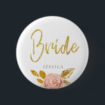 Bridknapp ro Guld Blommigt Glitter Knapp<br><div class="desc">Knappen glitter pinback Bride i ro blommigt är underbar för bachelorette Party eller möhippa. Bride-brickan kan lätt vara personlig med briderna namn. Matchande produkter i min butik Wowweds.</div>