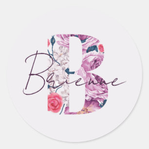 Brienne Baby Namn Flower Script Vintage Blommigt B Runt Klistermärke