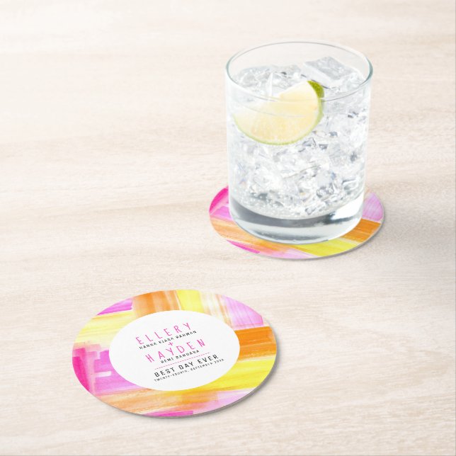 Bright abstract art pink yellow peach wedding underlägg papper rund (Insitu)