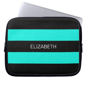 Bright Aqua Black Horiz Preppy Rand #3 Monogram Laptop Sleeve