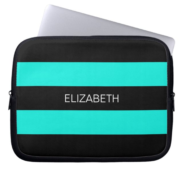 Bright Aqua Black Horiz Preppy Rand #3 Monogram Laptop Sleeve (Framsidan)