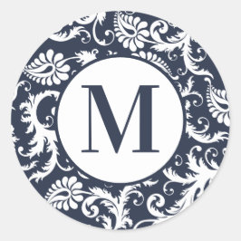 Bright Aqua Damask Monogram Wedding Stickers Runt Klistermärke