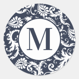 Bright Aqua Damask Monogram Wedding Stickers Runt Klistermärke