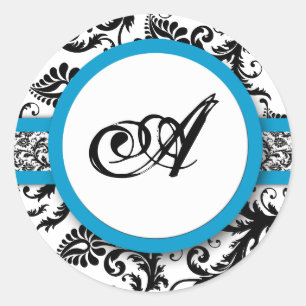 Bright Aqua Damask Monogram Wedding Stickers Runt Klistermärke