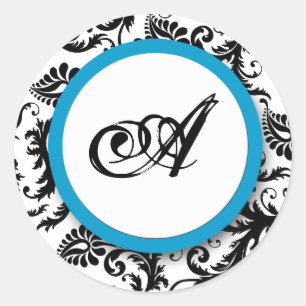 Bright Aqua Damask Monogram Wedding Stickers Runt Klistermärke