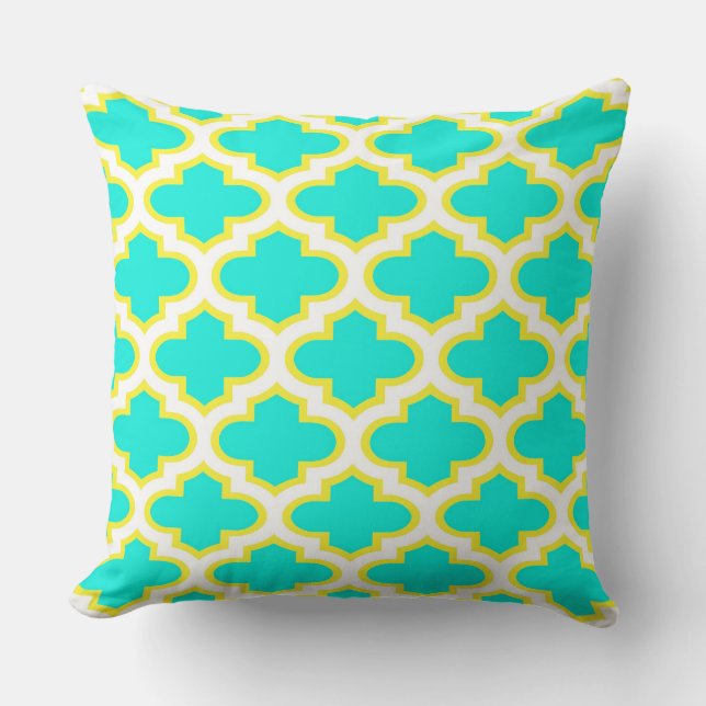 Bright Aqua, Gult, White Quatrefoil Mönster #3 Kudde (Framsida)