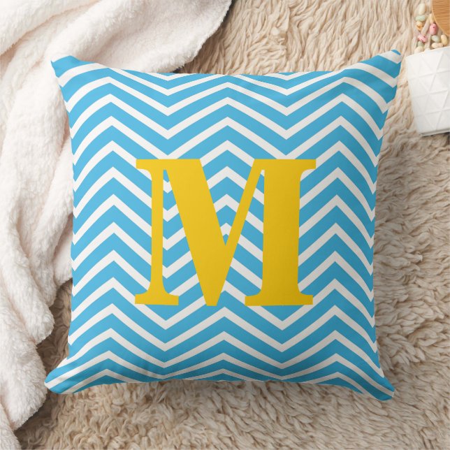 Bright Aqua och White med Gult Monogram Zig Zag Kudde (Filt)