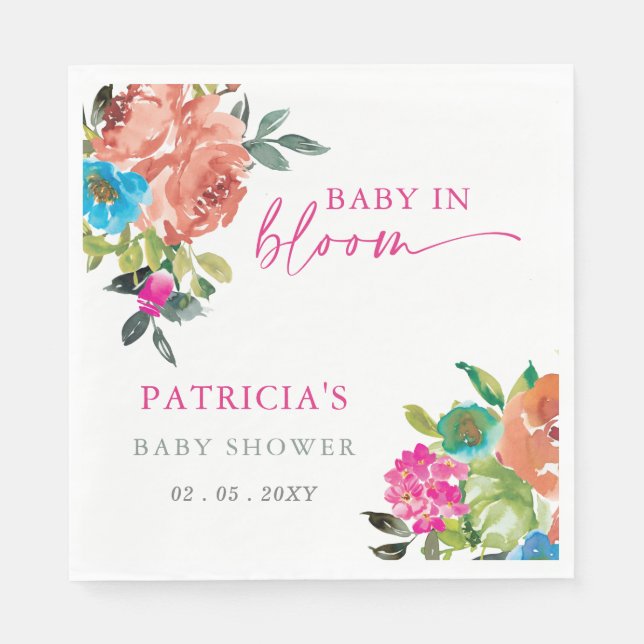 Bright Baby i Bloom Rosa Blommigt Girl Baby Shower Pappersservett (Framsidan)