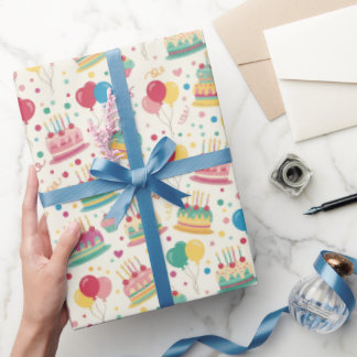 Bright Birthday Cakes and Balloons Wrapping Paper Presentpapper